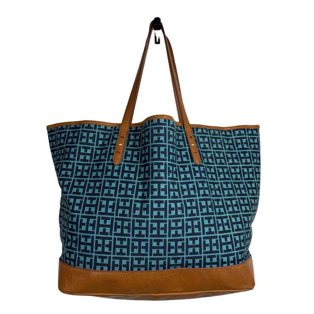 Tommy Hilfiger Bag Tote Large Blue Teal Logo Canvas Leather Preppy Resortwear - Picture 3 of 16